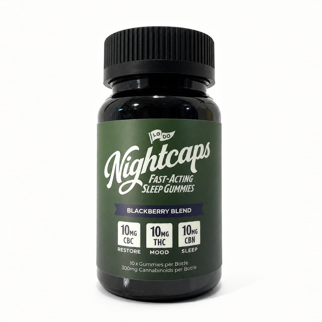 LoDo Fast-Acting Sleep Gummies bottle front label, hemp-derived THC nighttime gummies