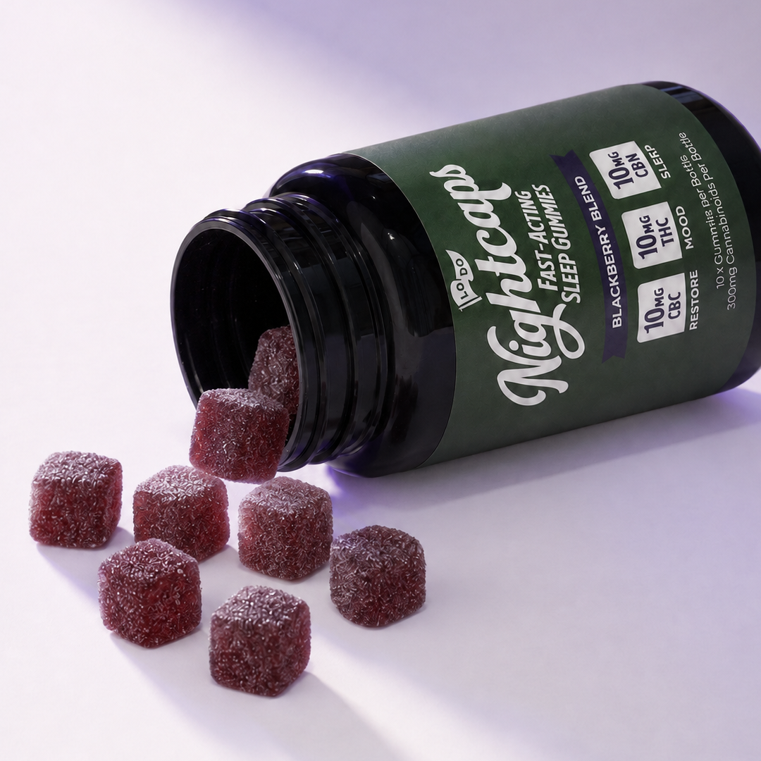 LoDo Fast-Acting Sleep Gummies spilled from 30-count bottle, hemp-derived THC gummies