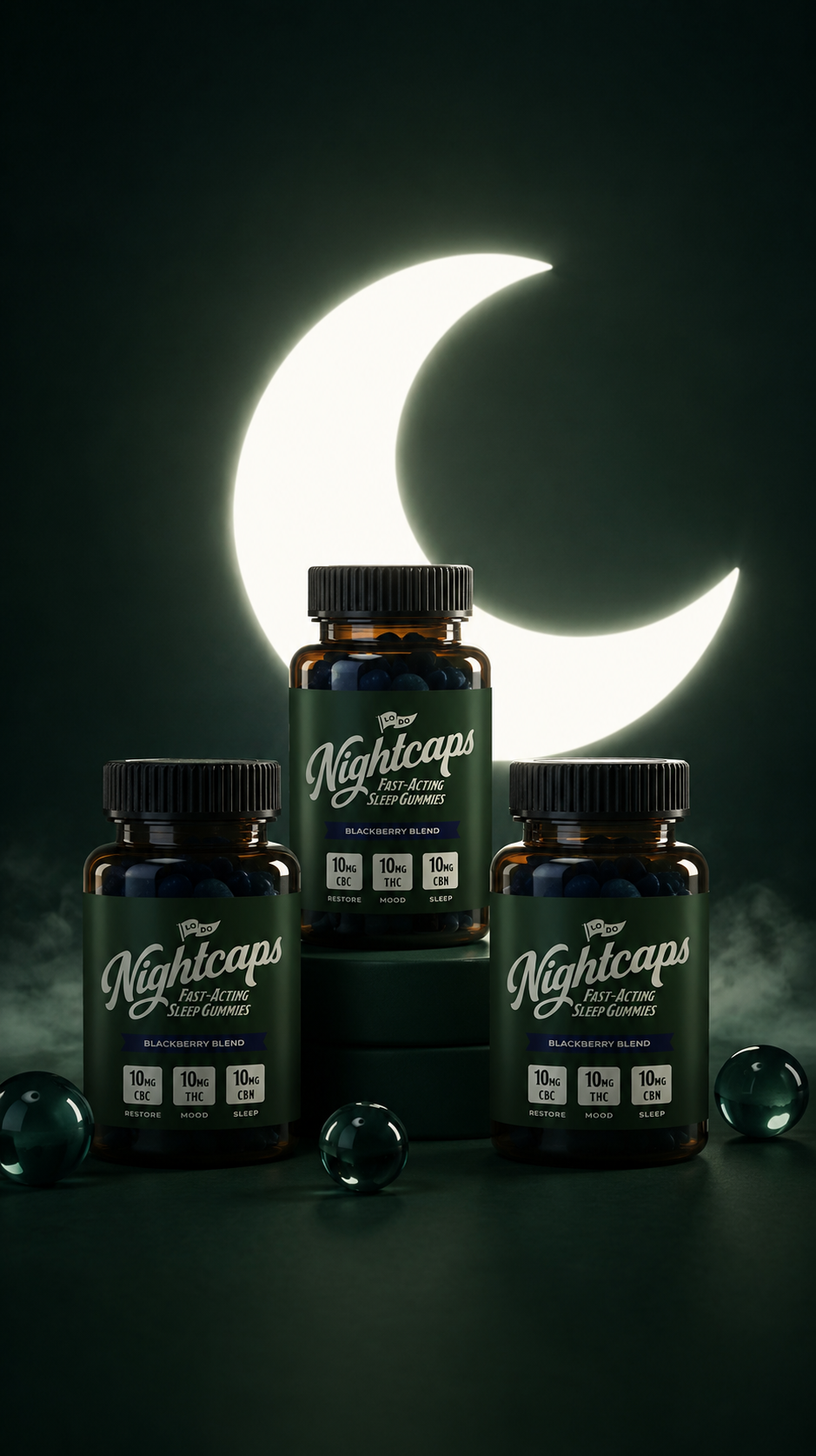 LoDo Fast-Acting Sleep Gummies lifestyle shot, 30-count hemp-derived THC gummies