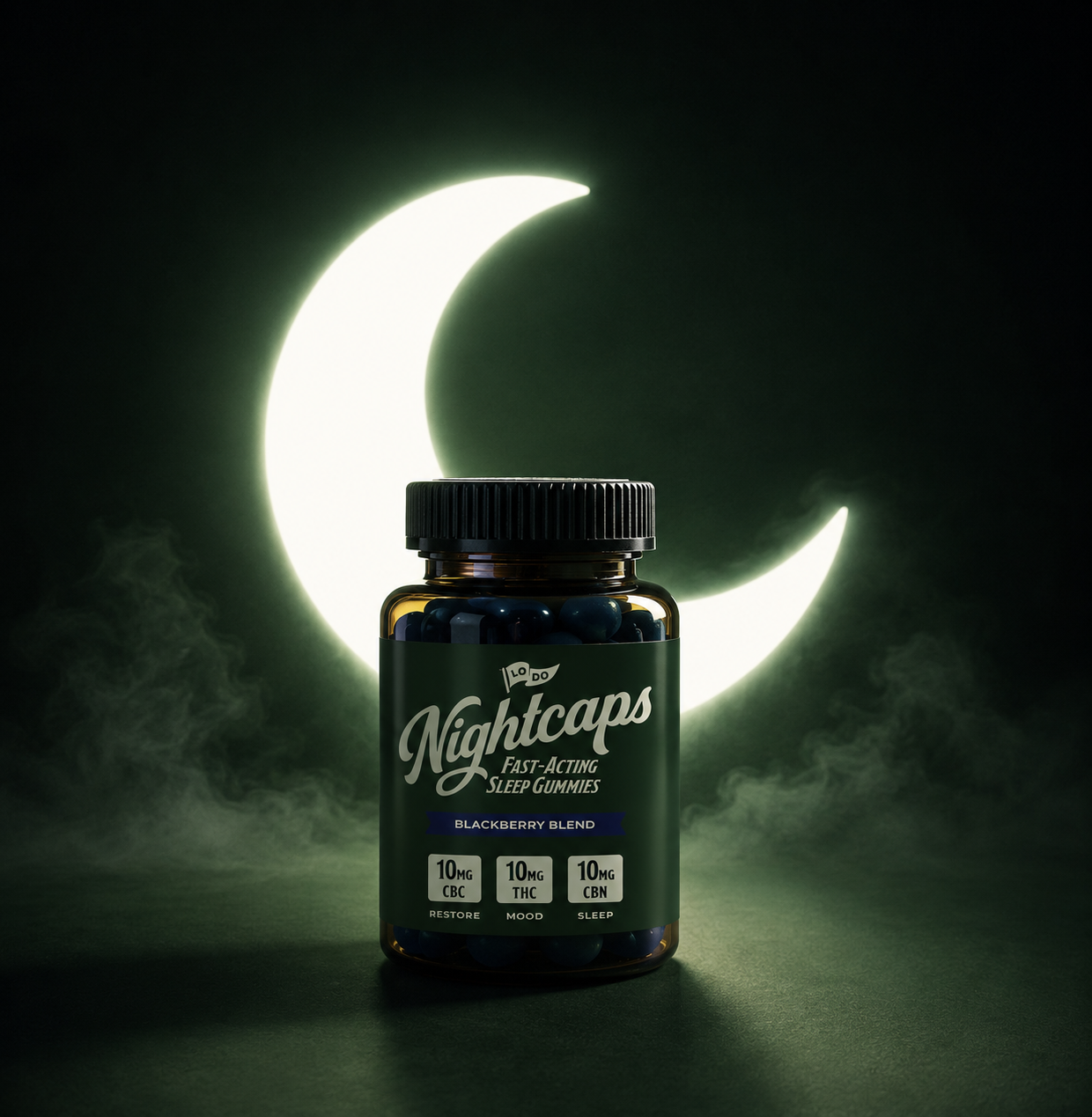 LoDo Fast-Acting Sleep Gummies lifestyle shot, hemp-derived THC nighttime gummies