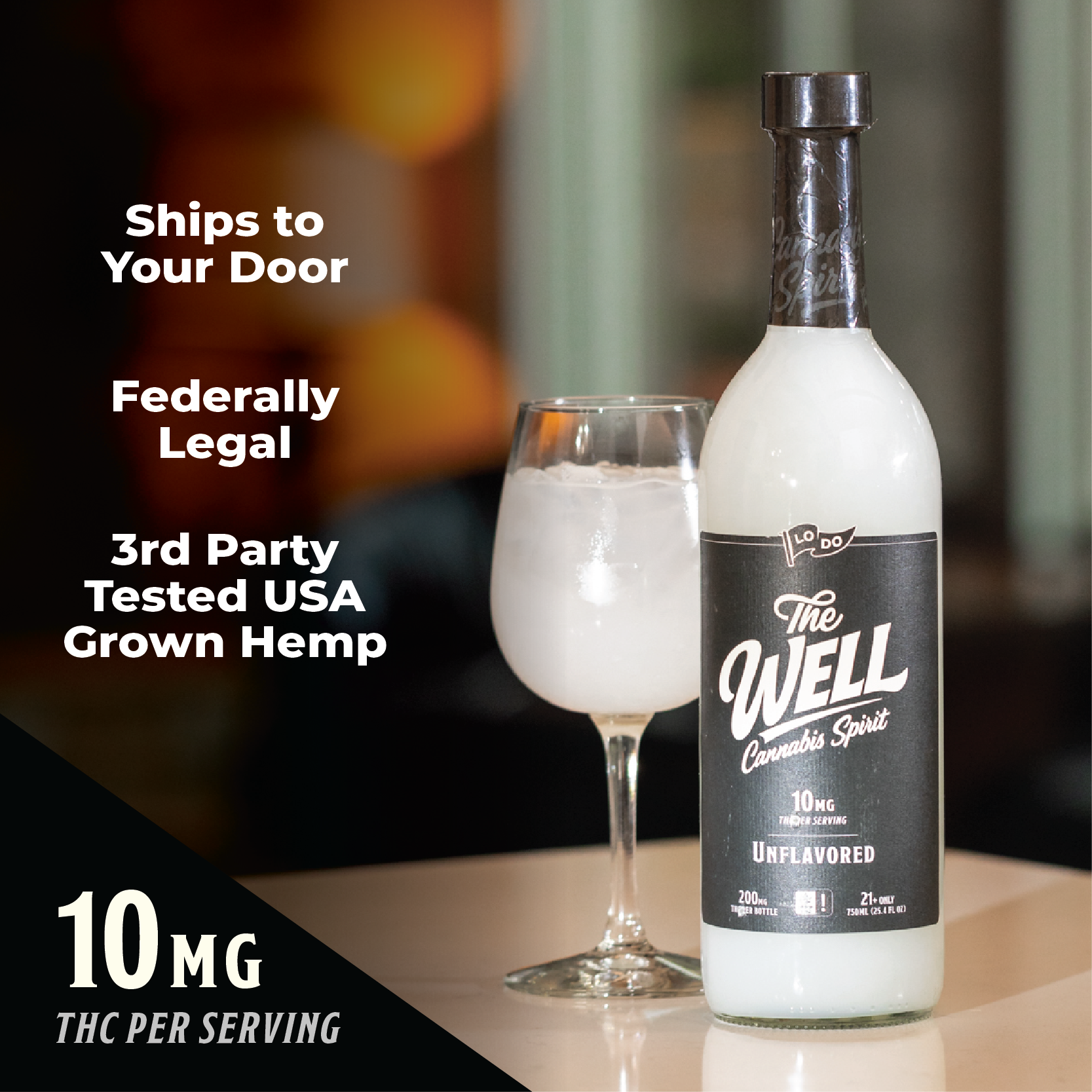 LoDo THC Spirits nutrition facts panel, 750ml hemp-derived Delta-9 THC beverage, 10mg per serving