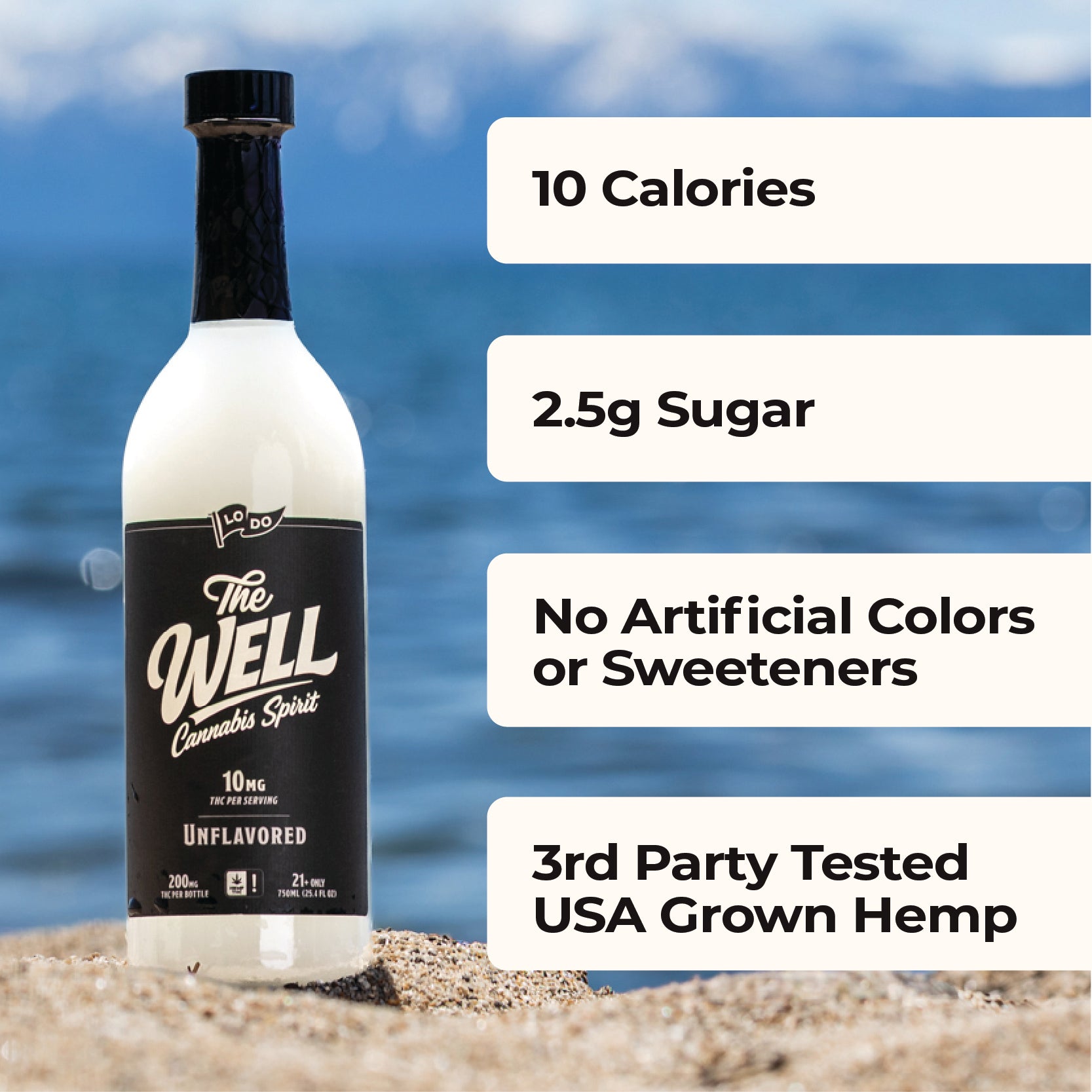 LoDo THC Spirits bottle detail shot, 750ml hemp-derived Delta-9 THC beverage
