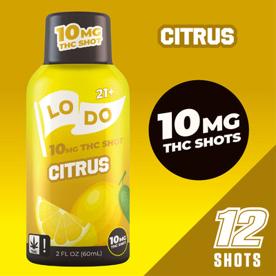LoDo THC Shots serving size detail, 10mg hemp-derived Delta-9 THC shot bottle