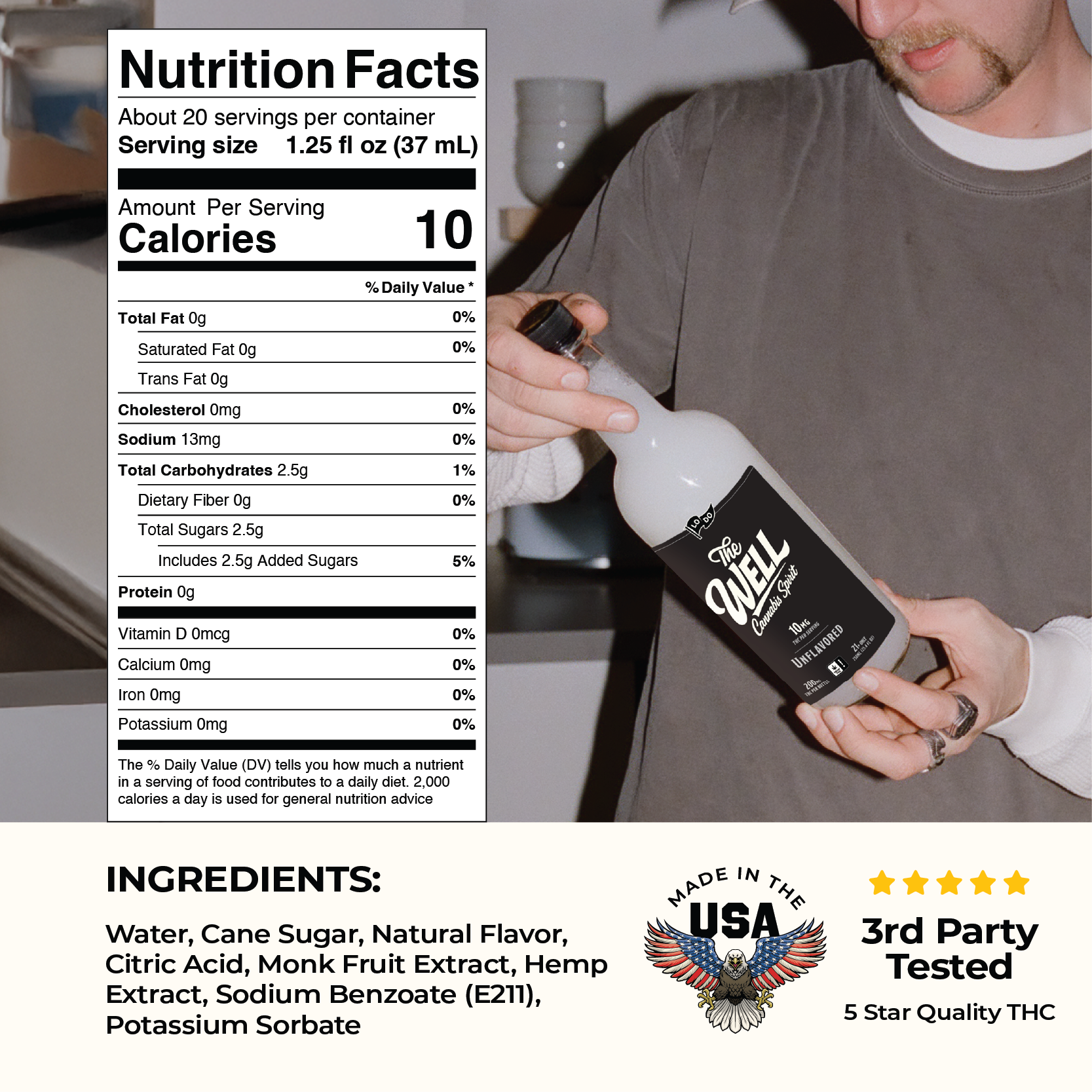 LoDo THC Spirits back label showing ingredients and dosage, hemp-derived Delta-9 THC