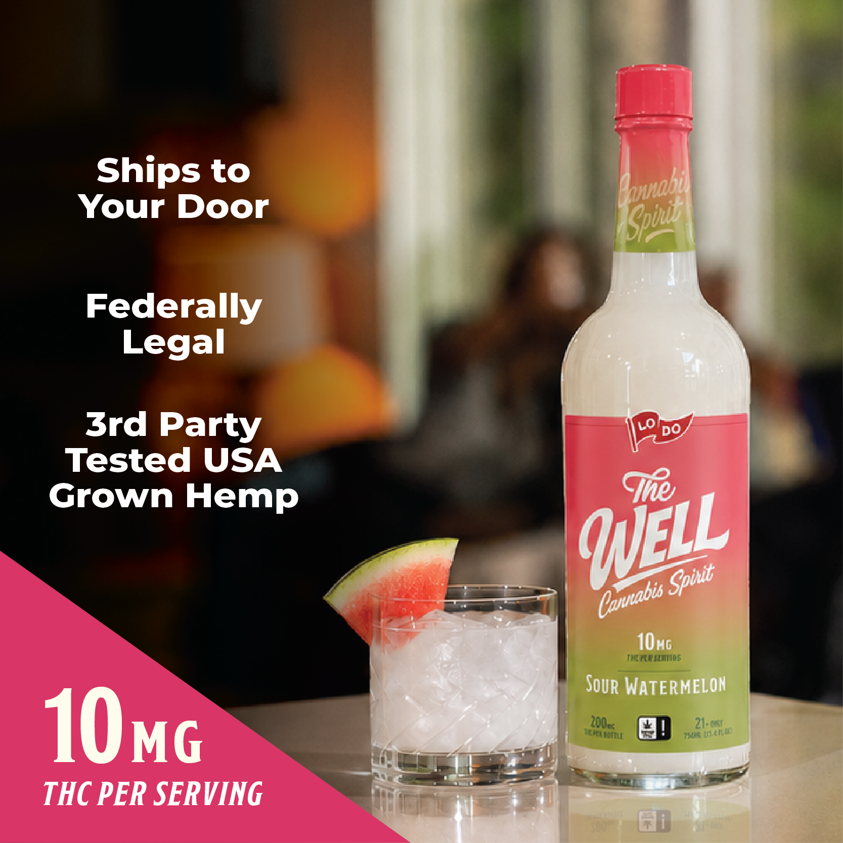 LoDo THC Spirits Sour Watermelon flavor bottle, 750ml hemp-derived Delta-9 THC beverage